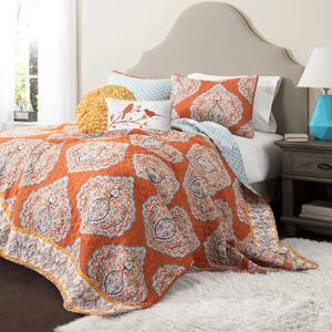 Lush Decor Harley Reversible Quilt Set, 5 Piece Set, King, Tangerine - Boho Bedding Set - Orange Quilt - Bold & Colorful Paisley Quilt - Maximalist & Boho Bedroom Decor