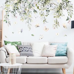 Supzone Hanging Green Leaves Wall Decals - Watercolor Plants Stickers, Large Floral Butterfly Decor, DIY Vinyl Mural Art for Bedroom, Living Room, Offices, Sofa, TV Backdrop