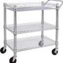 Seville Classics UltraDurable NSF Commercial Heavy Duty Metal Rolling Utility Cart, Handle Bar for Restaurant, Garage, Warehouse, Kitchen, Office, Deep Top Basket (34.8"W x 18.25"D) (Steel)