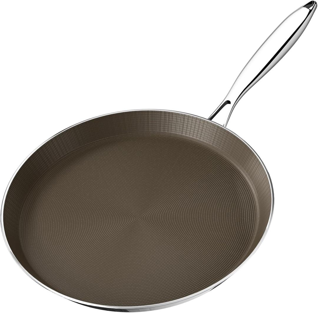 Stainless Steel Crepe Pan - 12 Inch Titanium Ceramic Nonstick Crepe Pan, Stainless Steel Dosa Pancake Pan, Non Stick Flat Skillet Tawa Dosa Tortilla Griddle Pan, Induction Compatible, PFAS&PTFE Free