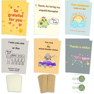 12-Pack Thank You Cards with Envelopes & Stickers - 5x7 Inch Blank Inside - 6 Fun & Heartfelt Designs - Cute Appreciation Cards for Teachers, Coworkers, Friends, Family