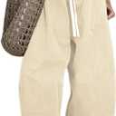 Gihuo Women's Cotton Wide Leg Pants, Elastic Waist Harem Style, Casual Baggy Palazzo Pants with Pockets(Beige, M)