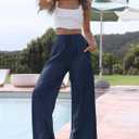 Faleave Women's Cotton Linen Summer Palazzo Pants Flowy Wide Leg Beach Trousers with Pockets (Blue, L)