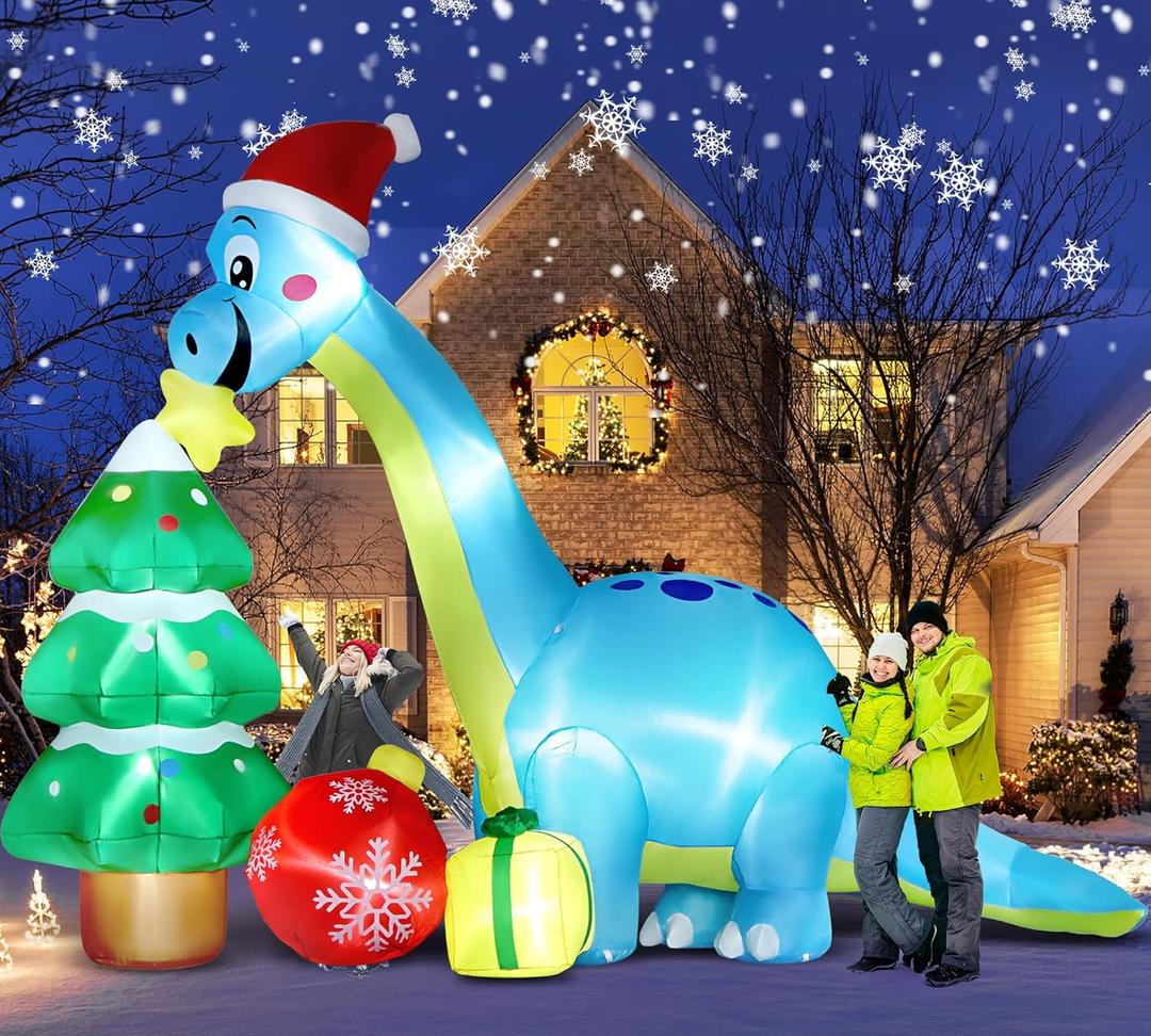 13.6 Ft Long Christmas Inflatable Decorations, Huge Xmas Inflatable Dragon Dinosaur with Trees Gift Hats Decors Built-in LED Lights Stakes Blow Up Yard Lawn Garden Party Santa Inflatables de Navidad