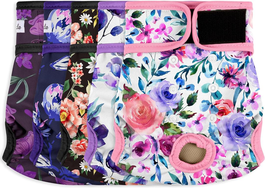 Dog Diapers Female - Reusable Diapers for Doggie in Heat - Highly Absorbent Female Dog Diapers for Pet Incontinence(Pack of 5), Flowers,L