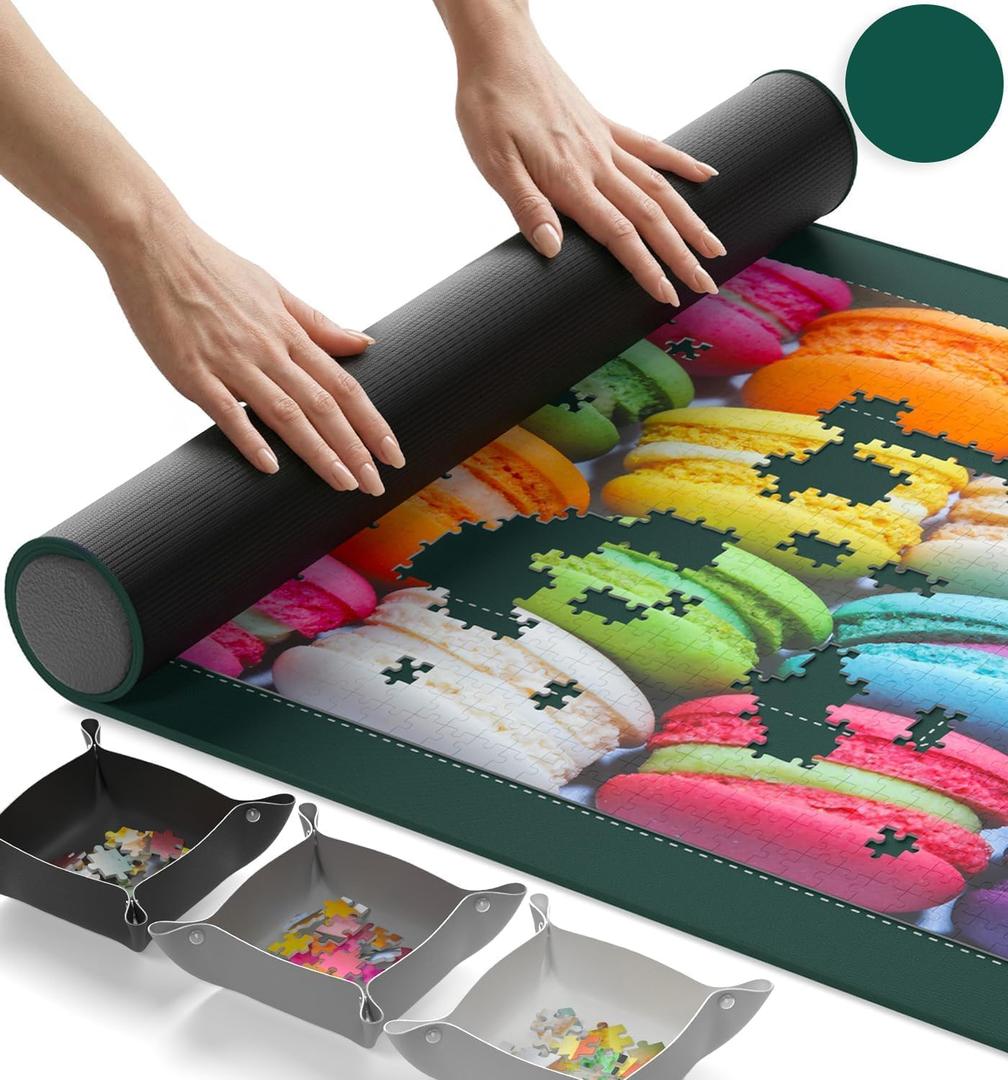 The Original Newverest Jigsaw Puzzle Mat Roll Up, Forest Green, 39.4 x 23.6 Portable Keeper Up to 1000 Pieces with Non-Slip Rubber Bottom & Smooth Top + 3 Puzzle Sorting Trays & Travel Storage Bag, 1000 pcs