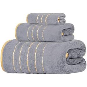 Gold Striped Coral Fleece 3-Piece Towel Set, Bath Towel Hand Towel Washcloth, Absorbent Quick Dry Home Towels Pink
