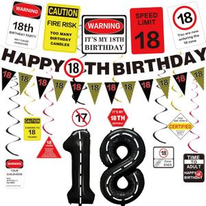 Roetyce 18th Birthday Decorations for Girls Boys, Caution Logos Happy 18th Birthday Banner Balloons Hanging Swirls Kit, Funny 18 Years Old Wall Signs Adult, Black Red 18 Zone Party Backdrop Decor