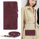 iCoverCase for Google Pixel 8 Wallet Case with Card Holder, Kickstand Feature PU Leather Case with Adjustable Crossbody Lanyard Magnetic Clasp Zipper Pocket Flip Cover (Claret)