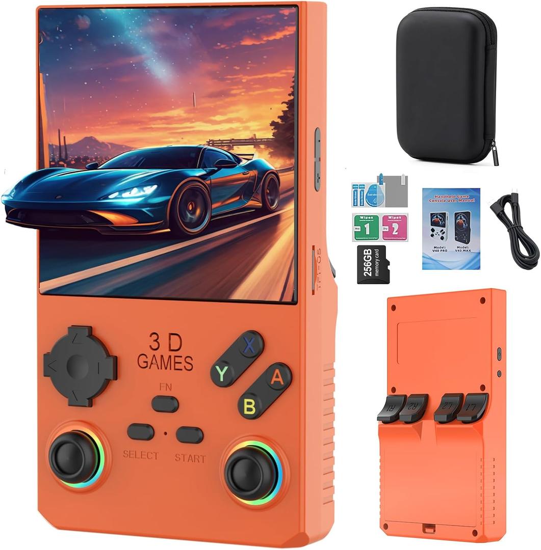 V40 Max Handheld Game Console, 40000 Games 4 inch IPS Screen Retro Arcade Console, 256G 4000mAh Mini Portable Pocket Video Console Gift for Adults (Orange)