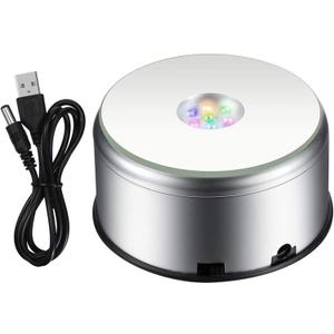 LED Colorful Light Rotating Glass Statue Display Base Round 7-Color LED Night Light Stand with USB Cable Lamp Holder