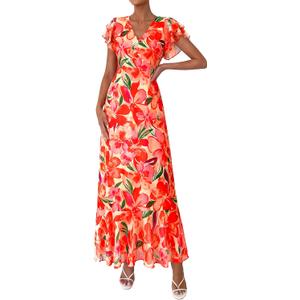 PRETTYGARDEN Spring Dresses for Women 2026 Summer Boho Floral Ruffle Short Sleeve Flowy Beach Wedding Guest Maxi Long Dress Large