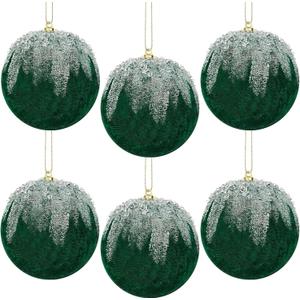 6PCS Dark Green Velvet Christmas Balls, 4 Inch Velvet Ornaments for Christmas Tree Glitter Shatterproof Flocked Ornaments Ball Hanging Ornaments for Indoor Holiday Wedding Party