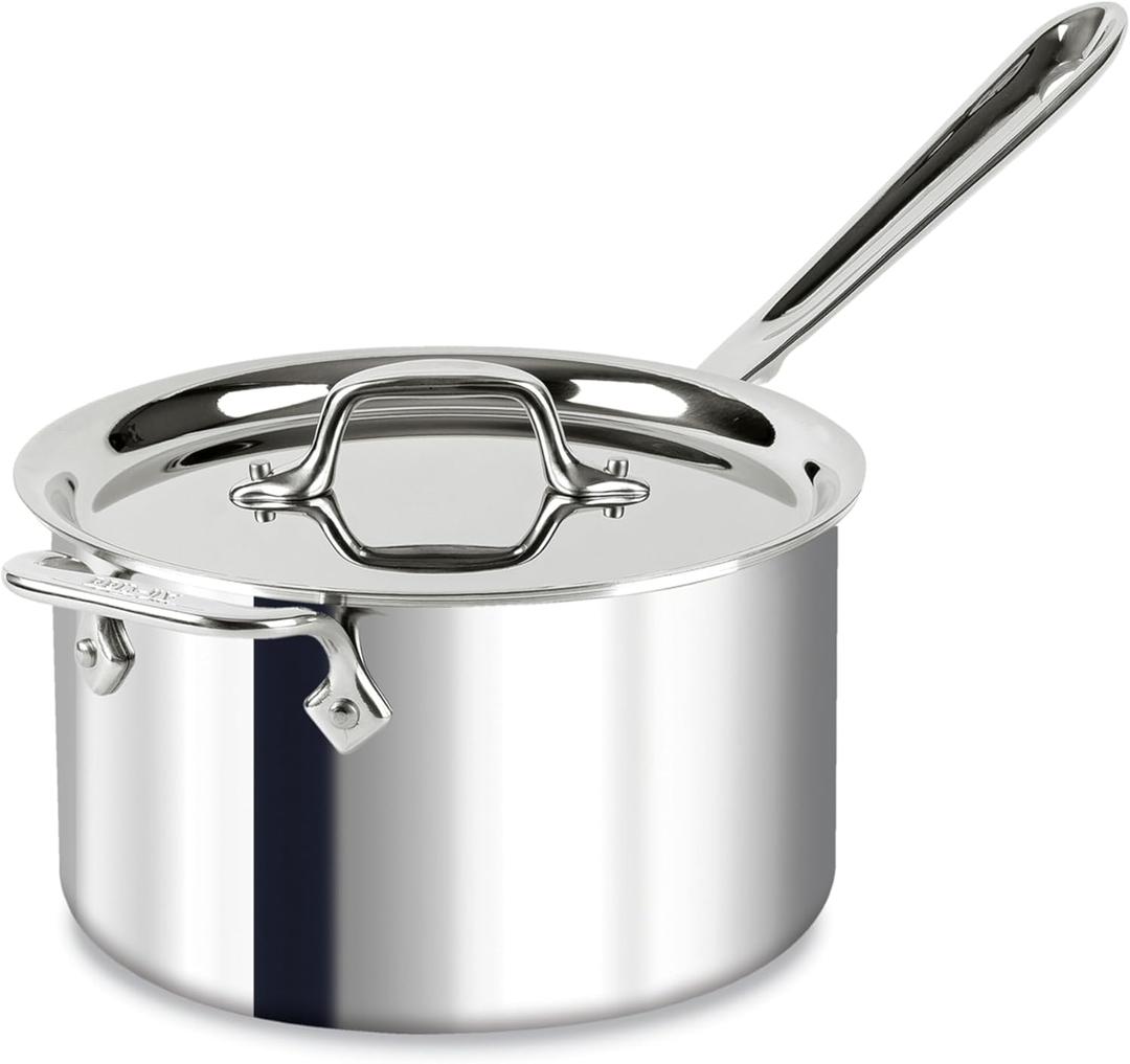 All-Clad D3 3-Ply Stainless Steel Sauce Pan with Lid 4 Quart, Induction, Oven Broiler Safe 600F, Multipurpose, Compatible w/ All Cooktops, For Restaurant or Home Kitchen, Pots & Pans, Cookware, Silver (Beige)