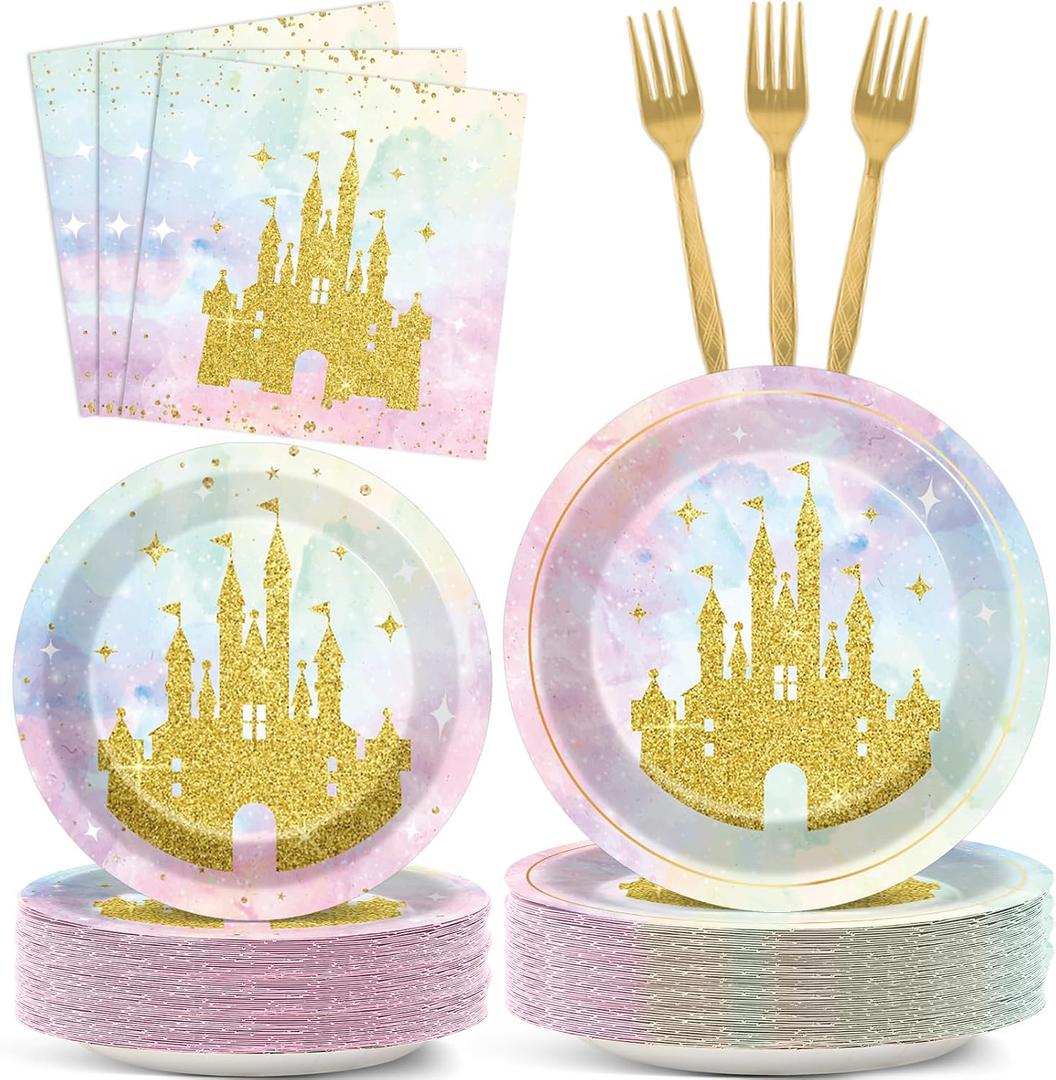 Justforjoyful 200Pcs Princess Castle Birthday Party Supplies Watercolor Pastel Rainbow Plates and Napkins Gold Glitter Tableware Set for Fairytale Baby Shower Party Decorations for 50 Guests
