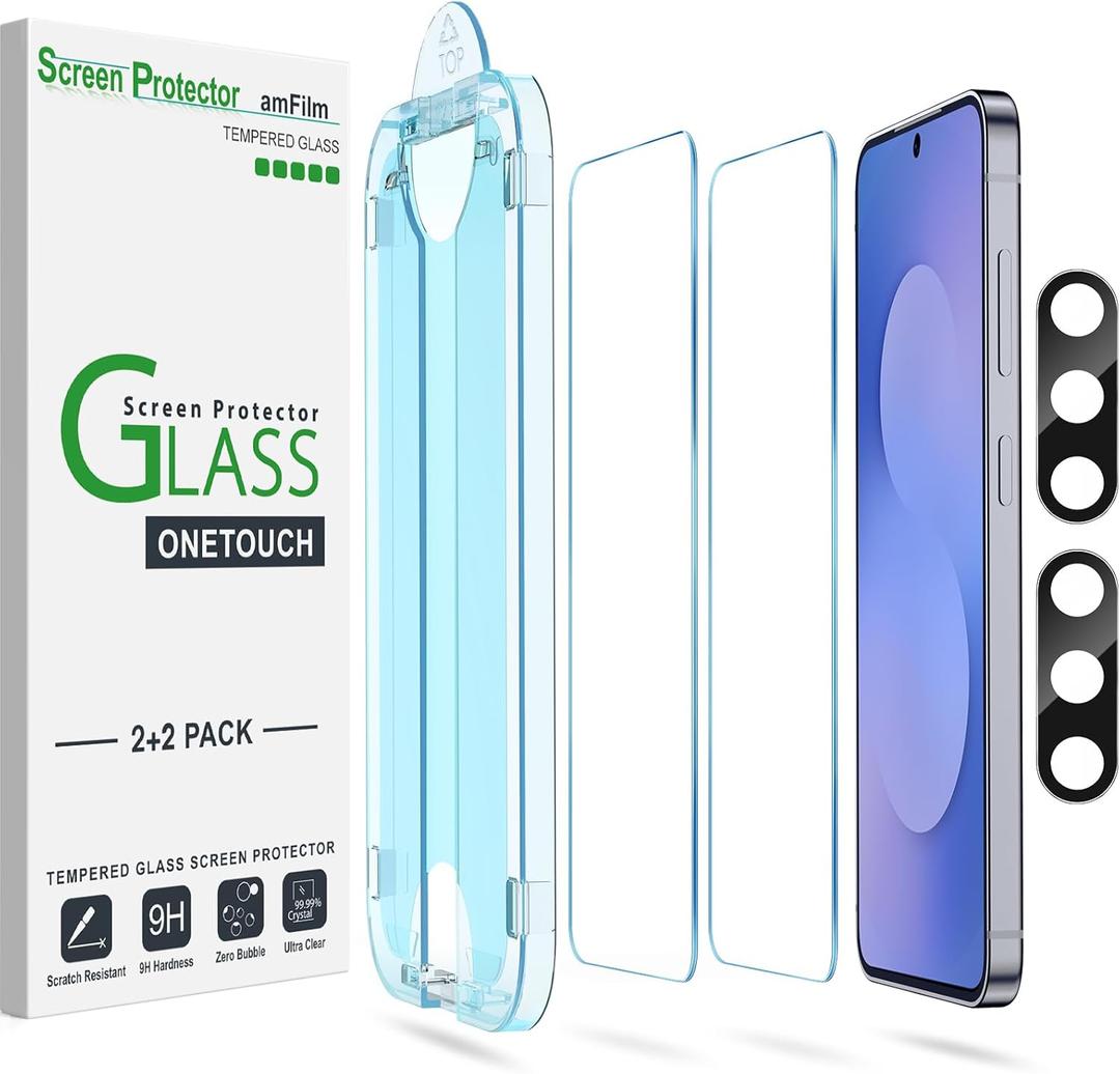 amFilm Auto-Alignment OneTouch for Samsung Galaxy S25 FE 6.7'' Screen Protector + Camera Lens Protector, Tempered Glass, 30 seconds Installation, Bubble Free, Case Friendly, Anti-Scratch [2+2 Pack]