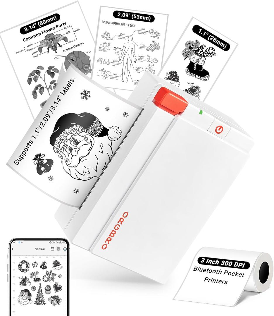 ORGBRO Sticker Printer Machine, X3 Mini Printer Print Pods Portable Thermal Inkless Sticker Maker, 2-3 Inch 300 DPI Bluetooth Pocket Printers for Smartphones, Notes, Journal, Photos, DIY, Kids Gift (White)