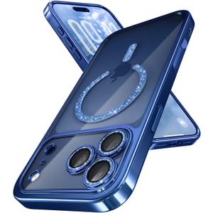Magnetic for iPhone 17 Pro Case with Glitter Integrated Lens Protection, [Glossy Bumper & Shiny Magnetic Ring] [Compatible with Magsafe] Cute Women Girly Protective Phone Case for iPhone 17 Pro Blue
