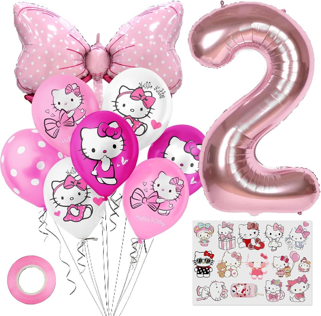 Cute Cartoon Birthday Decoration Party Supplies, Including Pink Thematic Numbers 2 Foil Balloons, Cute Latex Balloons, Cartoon Sticker