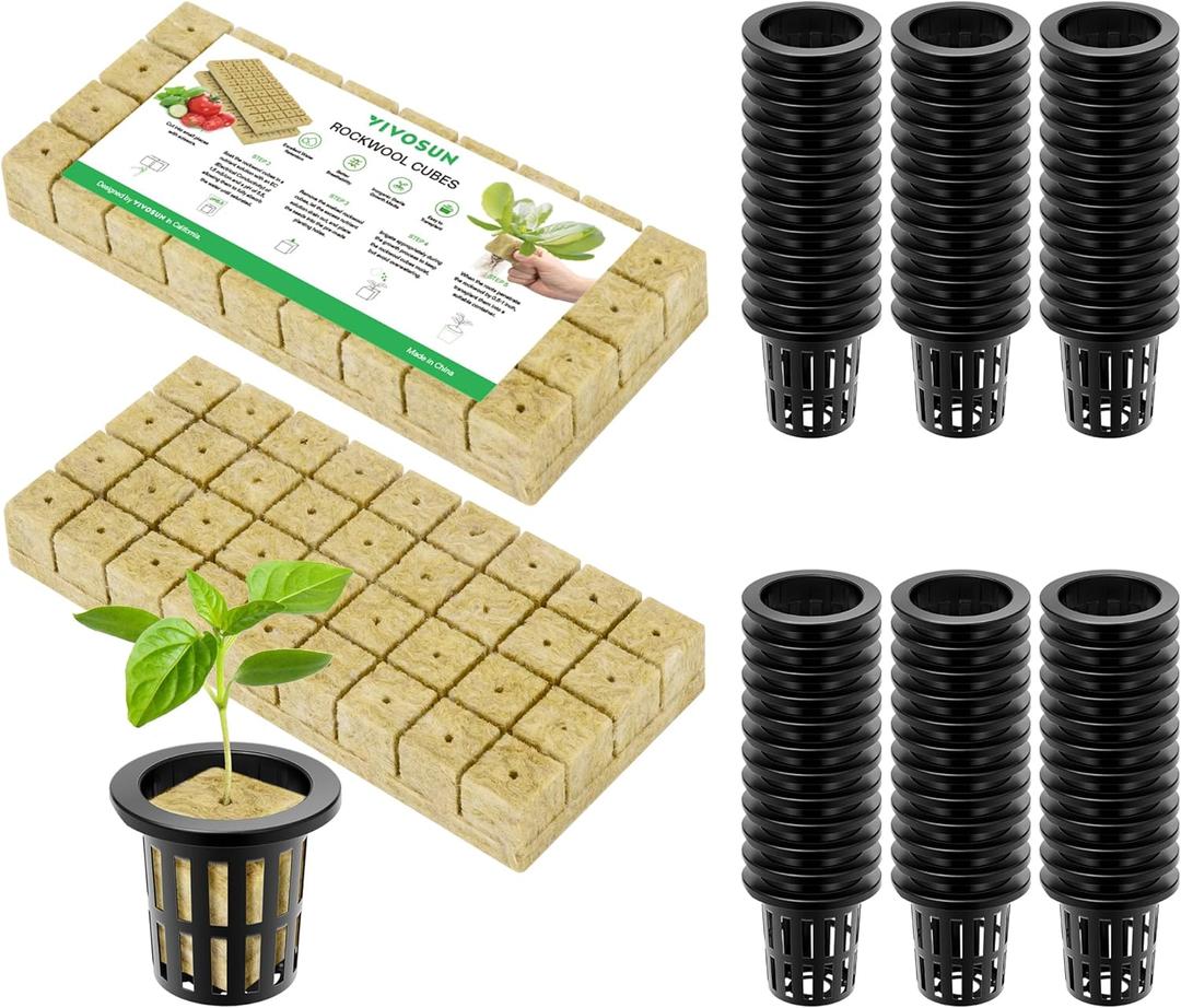 VIVOSUN 72 Rockwool Cubes & Net Pots Set for Hydroponics, 1.2 x 1.2 x 1.6 Cubes, 72 Plugs & 72 2 Net Cups for Hydroponic Growing, Seed-Starting, Cloning, Tower Gardens