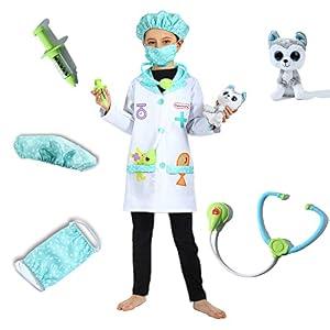 Sincere Party Veterinarian Role Play Costume, Kids Vet Doctor Lab Coat Set, Plush Animal Patient Included 7-9Years