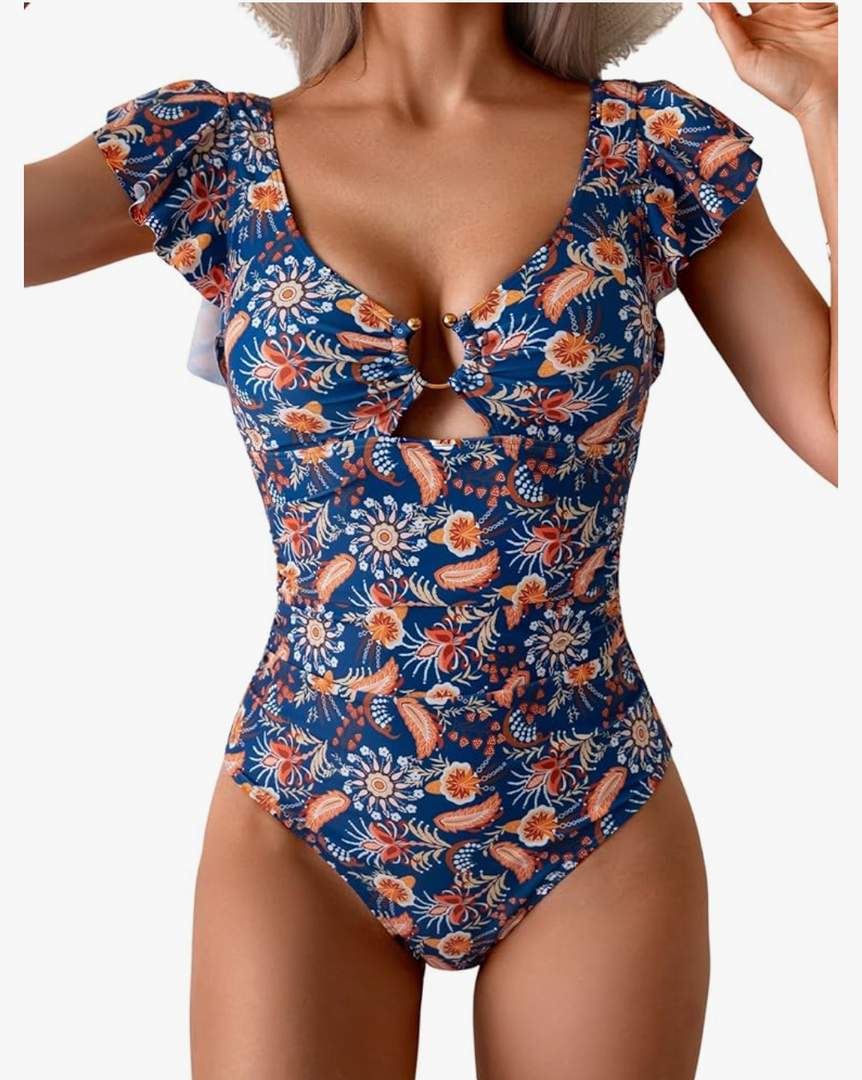 Eomenie Women's One Piece Swimsuit Tummy Control Bathing Suit Cutout Ruffle Slimming Swim Suit M, Navy Blue Print