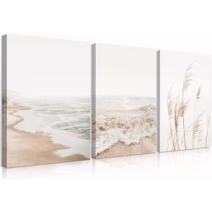 HDXUFJQ Neutral Beach Coastal Canvas Wall Art Beach Boho Botanical Pampas Grass Wall Decor Minimalist Nature Landscape Pictures Painting Summer Ocean Prints Waves Artwork(16"x24") (reeds)