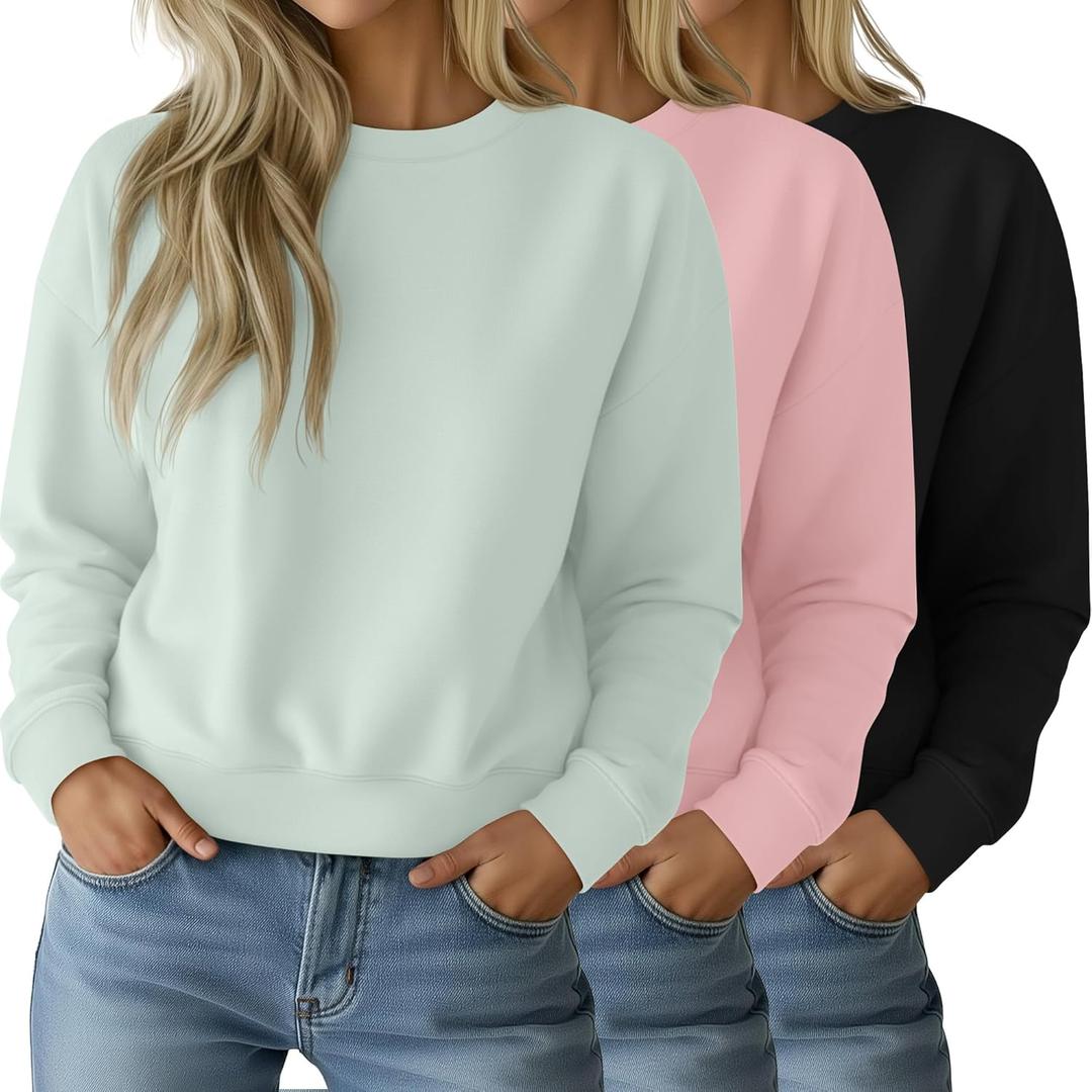 Ficerd 3 Pack Women's Cropped Sweatshirts Long Sleeve Cotton Crew Neck Pullover Tops Casual Solid Sweat Shirts (Medium, Black, Soft Pink, Light Green)