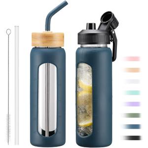 24oz Glass Water Bottle with Straw and 2 Lids-Bamboo and Spout Lid, Borosilicate Glass Water Bottle with Silicone Sleeve and Time Marker,BPA Free & Cupholder Friendly,Dark Blue