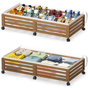 Under Bed Storage with Wheels-Large Bamboo Underbed storage Containers with Large Dust Bag Stackable Under the Bed Shoe Storage Bins for Clothes Books Bedding (2 Packs walnut, 33.07"L×16.54"W× 6.5"H)