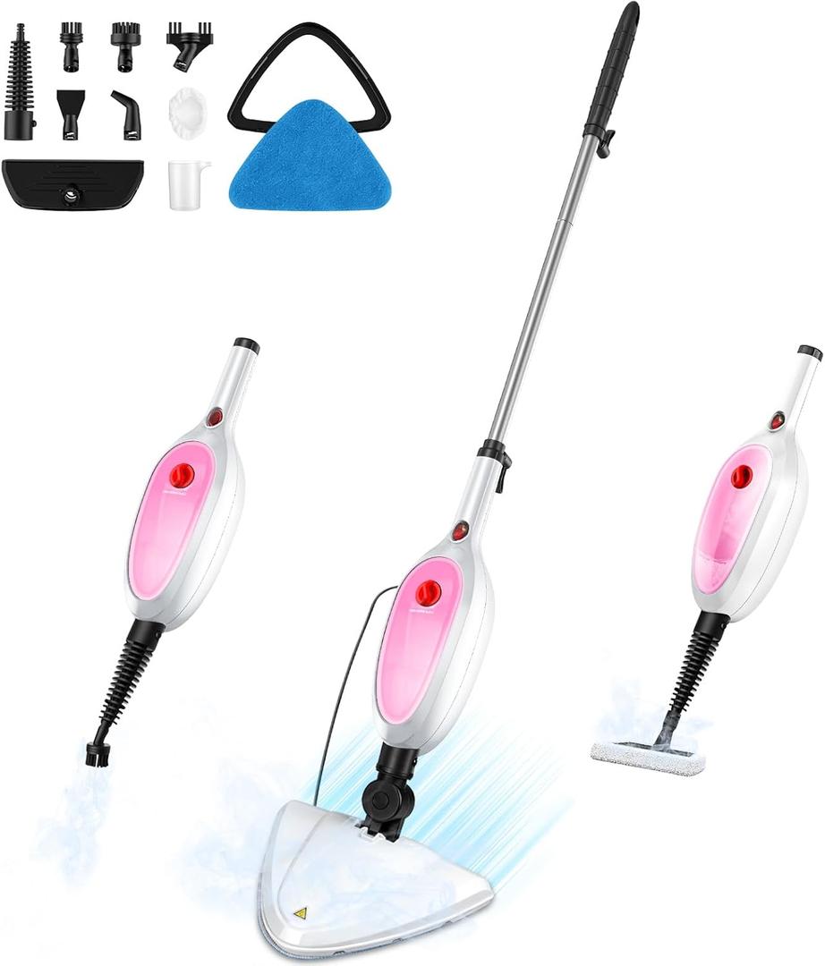 Steam Mop & Detachable Handheld Steamer 2-in-1 Design, 20s Fast Heat-Up, 16FT Power Cord, 10-in-1 Multi-Purpose Steam Cleaner for Hardwood Floors/Carpet/Tile/Grout/Window/Stove for Deep Home Cleaning (Pink)
