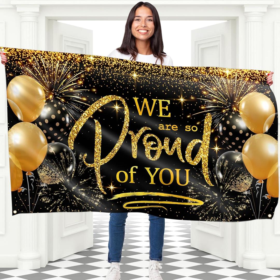 We are Proud of You Congratulations Decorations - Graduation Banner - 5ft x 3ft (Black & Gold)