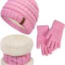 YSense 3 Pcs Kids Winter Beanie Hat Scarf Gloves Set Thick Knit Warm Fleece Fuzzy Lined Beanie Caps Mittens for Boys Girls (Pink)