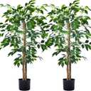 2Packs 4FT Artificial Ficus Trees with Realistic Leaves and Natural Trunk, Faux Ficus Tree with Sturdy Plastic Nursery Pot, Fake Ficus Tree for Office Home Farmhouse for Indoor Outdoor Decor