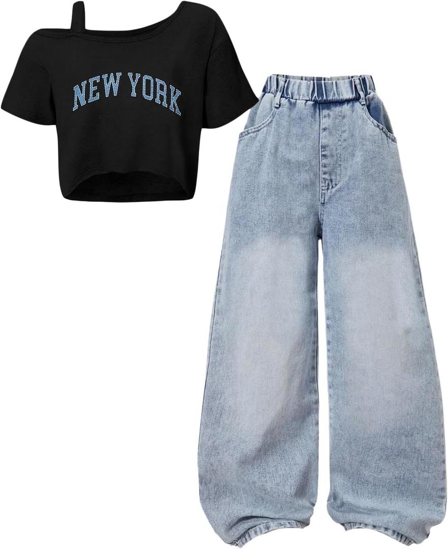 OYOANGLE Girl's 2 Pieces Outfits Y2K Letter Print Top Shirts and Denim Loose Long Pants Jeans Sets Blue and Black 12Y