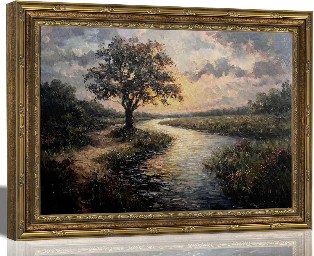 Gold Framed Canvas Wall Art, Serene River Tree Sunset Landscape Painting, Classic Countryside Picture Poster Prints Artwork for Living Room Bedroom Wall Decor,16x24 Inch, 24"Lx16"W