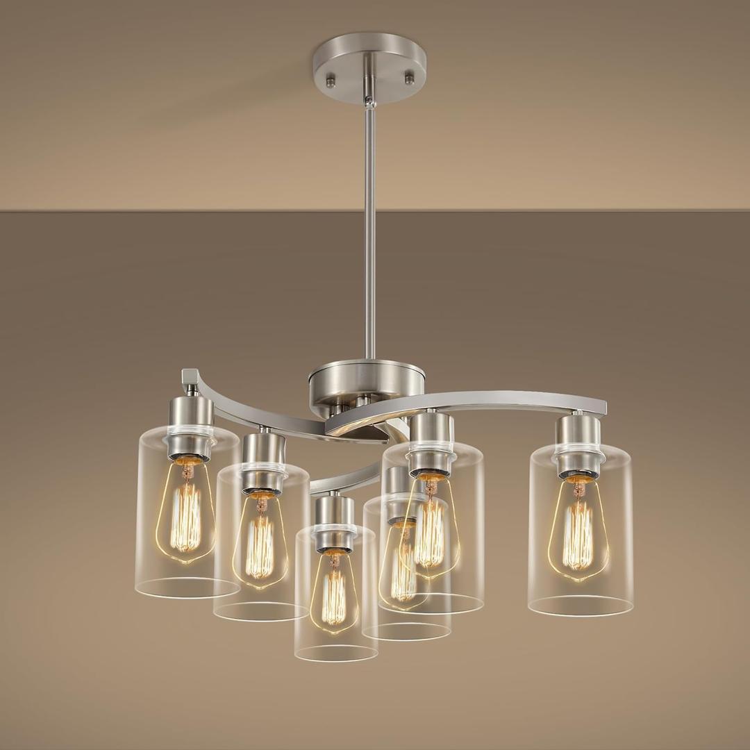 6 Light Farmhouse Brushed Nickel Chandelier,21.7" Modern Chandeliers for Dining Room Light Fixtures Over Table,Pendant Lights Kitchen Island,Metal Bracket with Downward Clear Glass Shade