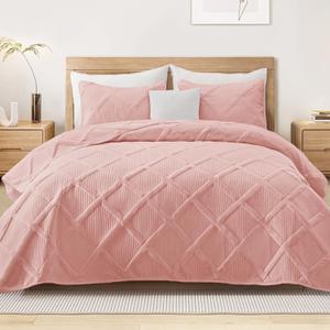 Exclusivo Mezcla Quilt Set Oversized King Size, 3 Pieces Blush Pink Cal King Quilt Bedding Set, Lightweight Quilts Soft Bedspreads Modern Striped Coverlets for All Seasons