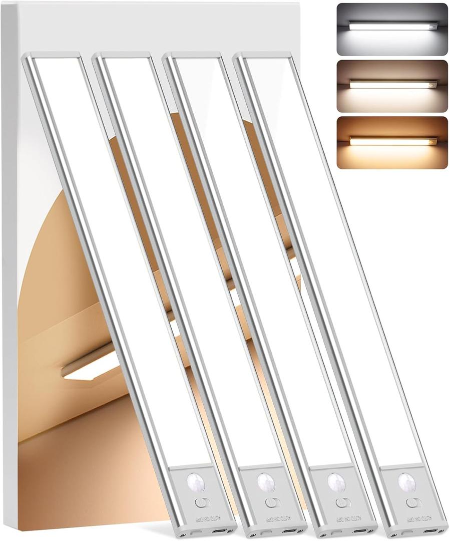 Under Cabinet Lighting Wireless, 4-Pack Motion Sensor Light Indoor with 3 Color Temps, Dimmable Closet Lights Battery Operated, LED Magnetic Light, Rechargeable Under Counter Lights for Kitchen Home