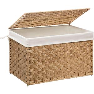 Large Wicker Storage Basket with Lid, 52.8 Gallon (200L), Natural