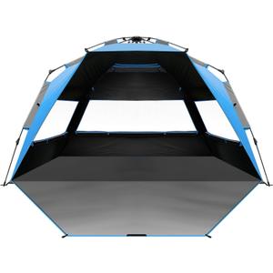 OutdoorMaster Beach Tent with Blackout Shelter Technology, Portable Beach Shade Sun Shelter Canopy for 4-6 Person with UPF 50+ UV Protection, Easy Setup Pop Up Tent Family Size (Blue)