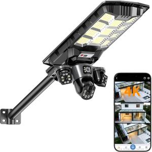Solar Lights Outdoor, 4K UHD 3-Camera System Solar Street Lights | 24*10" Flood Lights, 360° Pan-Tilt, Color Night Vision, Two Way Talk, 2.4GHz, IP66, For Street, Yard & Exterior Wall