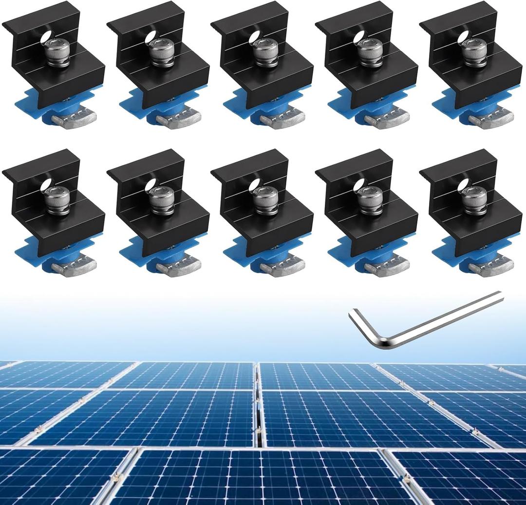 Anbte 10pcs Solar Panel End Clamp for Standard Unistrut, Aluminum 30mm/35mm Solar Panel Brackets with Nuts Bolts, Solar Panel Mounting Kit for Metal Roof, Tin Roof, Flat Roof, Sheet Roof, Black