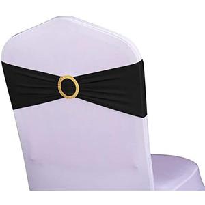 WENSINL Pack of 50 Spandex Black Chair Sashes with Gold Buckles, Stretch Chairs Sashes for Wedding Party Baby Shower Ceremony Event Decorations Chair Bands Bows (Black Sashes, Gold Buckles)
