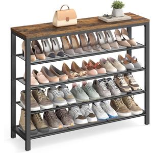 VASAGLE Shoe Rack, 5-Tier Shoe Storage Organizer with 4 Metal Mesh Shelves for 16-20 Pairs and Large Surface for Bags, for Entryway, Hallway, Closet, Industrial, Rustic Brown and Black ULBS15BX