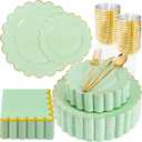 LIYH 210 Pcs Sage Green Plastic Disposable Scalloped Party Plates - Green Plates and Napkins Include Baby Shower Plate Gold Plastic Silverware for Weddings Birthday 30 Guests