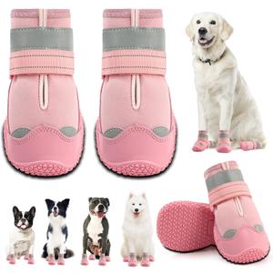 Dog Boots for Large Dogs, Medium Dog Boots & Paw Protectors for Hardwood Floors, Outdoor Dog Booties for Hot Pavement Winter Snow Hiking, Dog Shoes with Reflective Strips (Width 2.75 Inch, Pink)