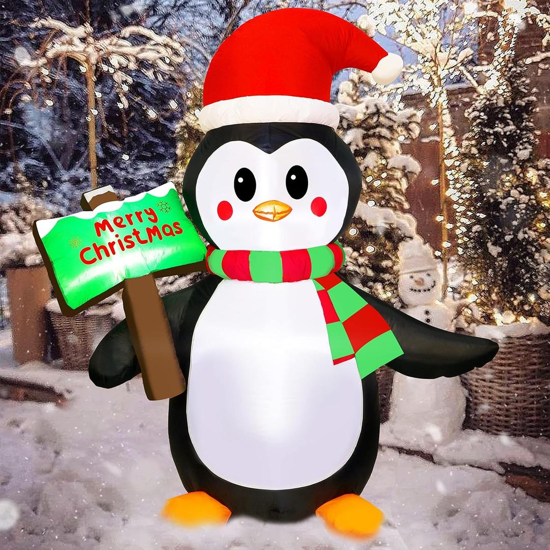 ATDAWN 5ft Christmas Inflatables Blow Up Yard Decorations, Inflatable Penguin Outdoor Decoration with Merry Christmas Sign