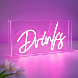 Drinks Neon Sign, Drinks Signs USB LED Desk Lightbox with ON/OFF Switch, Light Up Sign for Table Decor, Home Bar, Kitchen, Club, Pub, Restaurant Wall Decor & Bar Cart Accessories (Pink)