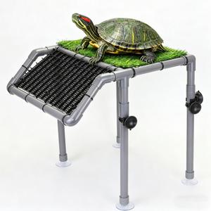 Extra Large Turtle Basking Platform, Sturdy Standing Dock with Non-Slip Ramp & Artificial Grass, Turtle Tank Accessories, Fits 50/65/75/90/125 Gal Tanks, Gray/Black